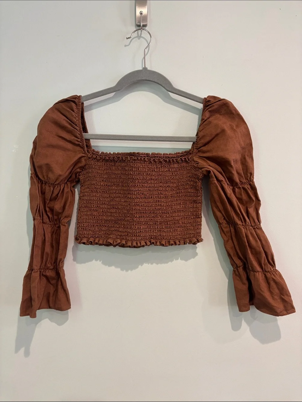 Reformation Darby Smocked Top Cafe Brown Medium M Milkmaid Puff Sleeve Cropped